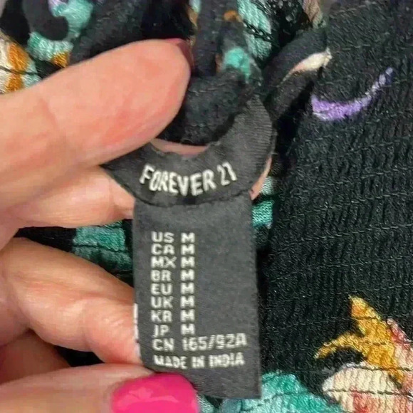 Forever 21 Womens Dress M Black Turquoise Peach String Straps Smocking Maxi Glam - Picture 7 of 10